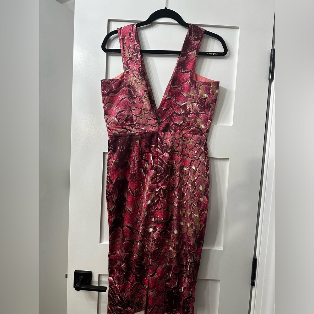 Just Cavalli Hot Pink Feather Print Satin V Neck Bodycon Cocktail Dress 46